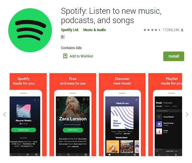 A screenshot photo of the mobile app Spotify, one of the 50 Top Free Apps In Google Play