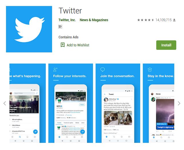 A screenshot photo of the mobile app Twitter, one of the 50 Top Free Apps In Google Play