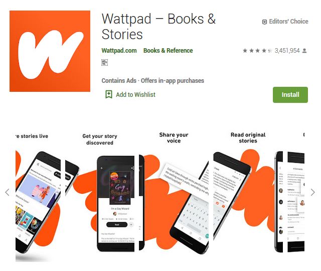 A screenshot photo of the mobile app Wattpad, one of the 50 Top Free Apps In Google Play