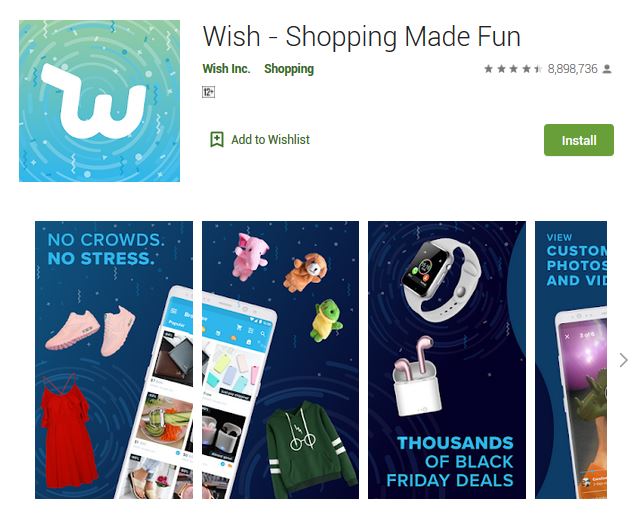 A screenshot photo of the mobile app Wish, one of the 50 Top Free Apps In Google Play