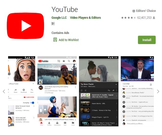 A screenshot photo of the mobile app YouTube, one of the 50 Top Free Apps In Google Play