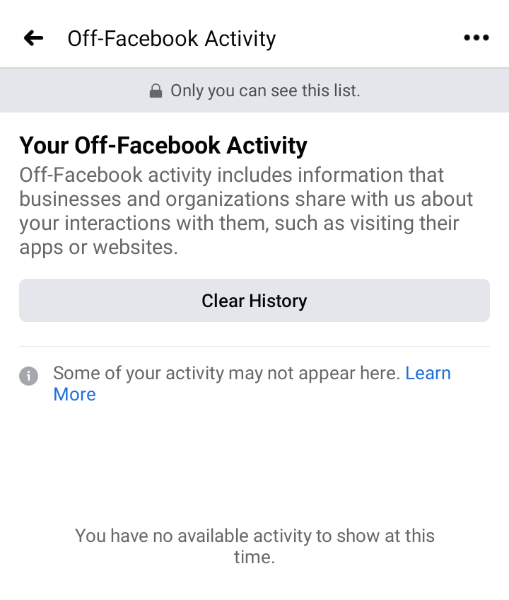 A screenshot of Off-Facebook Activity Page