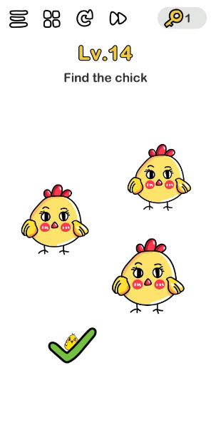 A screenshot of the Brain Out Answer for Lv. 14. There are hens and a chick in the photo.