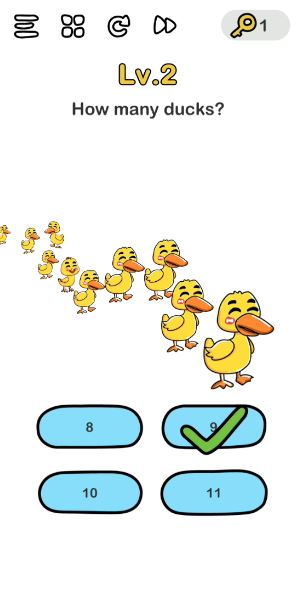A screenshot of the Brain Out Answer for Lv. 2. There are ducks and a chicken in the photo.