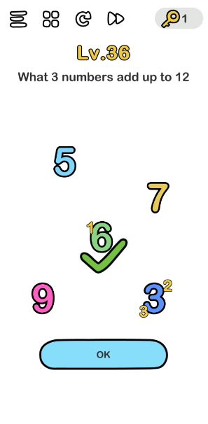 A screenshot of the Brain Out Answer for Lv. 36. There are different numbers on this photo.
