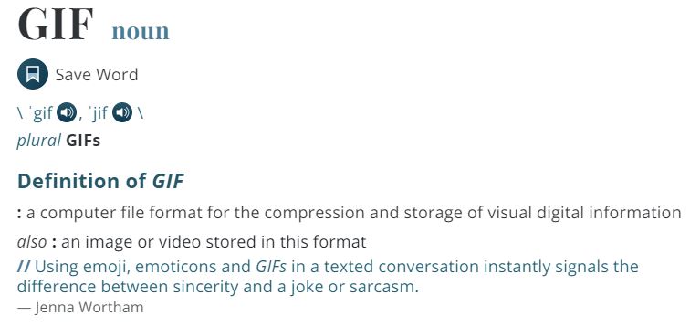 A screenshot of the pronunciation of GIF from Merriam-Webster.