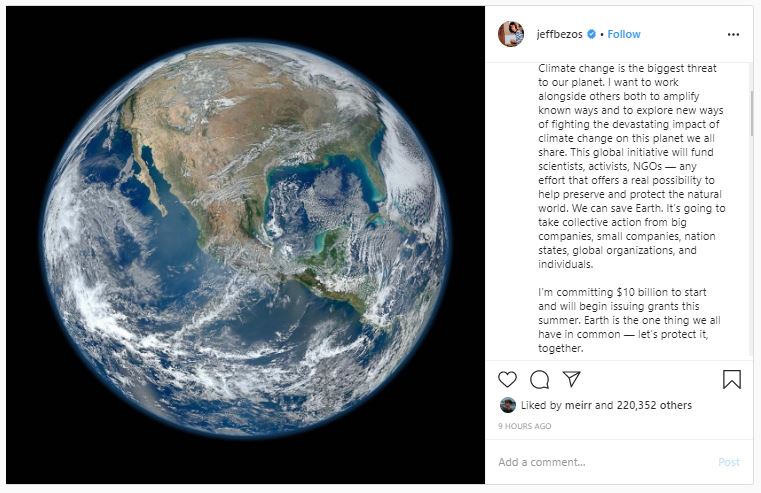 Amazon CEO Commits $10 Billion To Combat Climate Change. This is a acreenshot of Bezos' Instagram post.