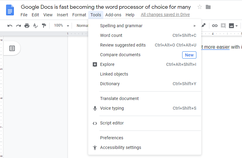 a screenshot of the Google Docs window when tools is clicked as part of the steps on how to use grammar checker in Google docs