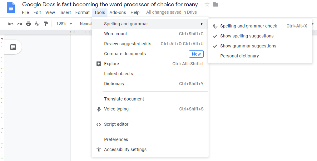 a screenshot of Google docs when the Tools tab is clicked and the mouse is hovered over the Spelling and Grammar option showing new sets of options as part of the steps on how to use grammar checker in google docs.