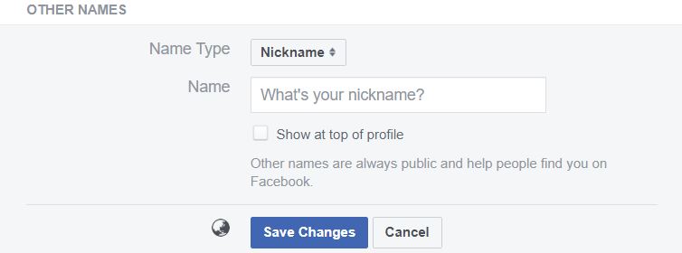Screenshot of the Other Names page on the Facebook website for the TechToGraphy "How to Change Name in Facebook" blog.