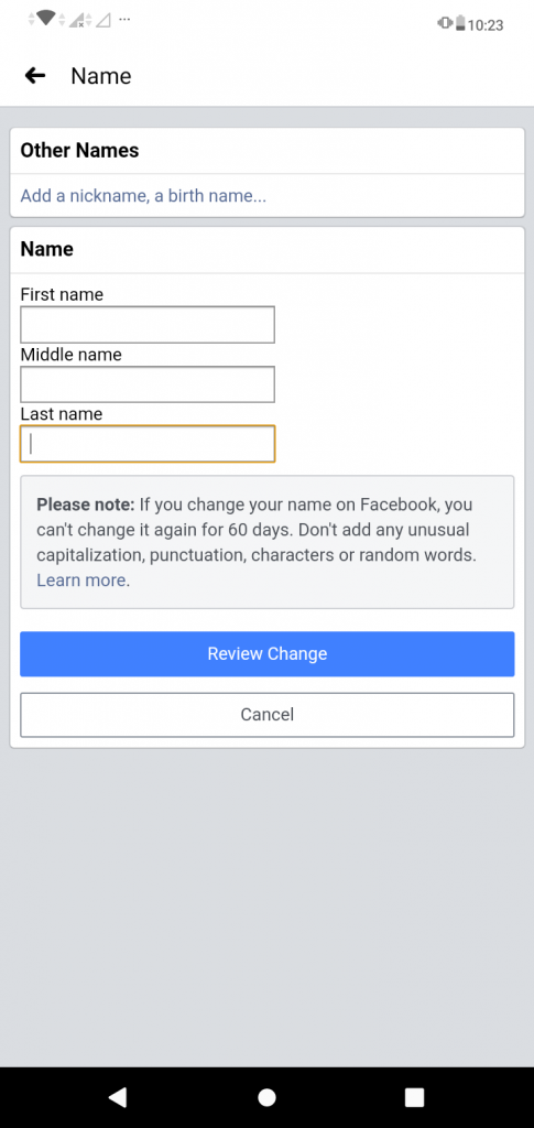 Screenshot of the Other Names page on the Facebook App for the TechToGraphy "How to Change Name in Facebook" blog.