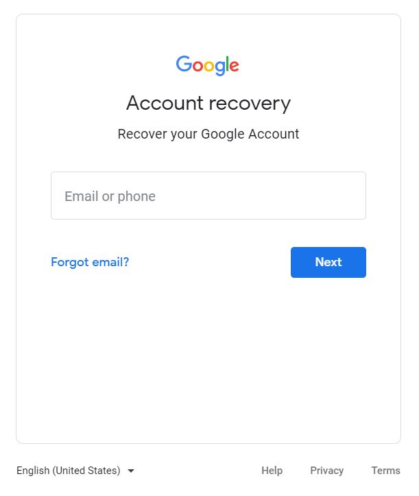 A screenshot of the Google Account Recovery page. It saya, "Recover your Google Account."