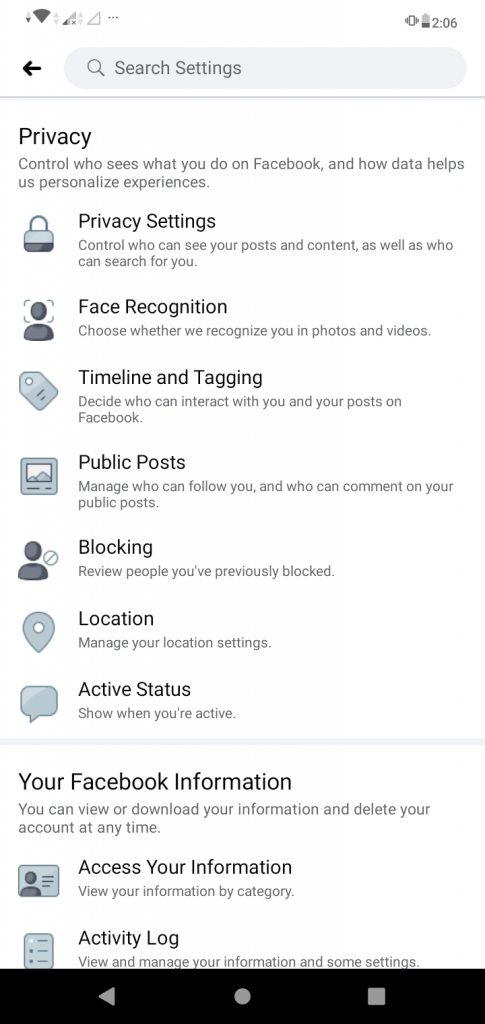 A screenshot of the "Settings" page on the Facebook app. This photo is for the "How to Hide Friends in Facebook" blog in TechToGraphy.