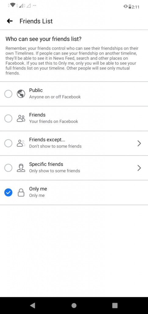 The "Only Me" option is selected on this Facebook app screenshot. This photo is for the "How to Hide Friends in Facebook" blog in TechToGraphy.
