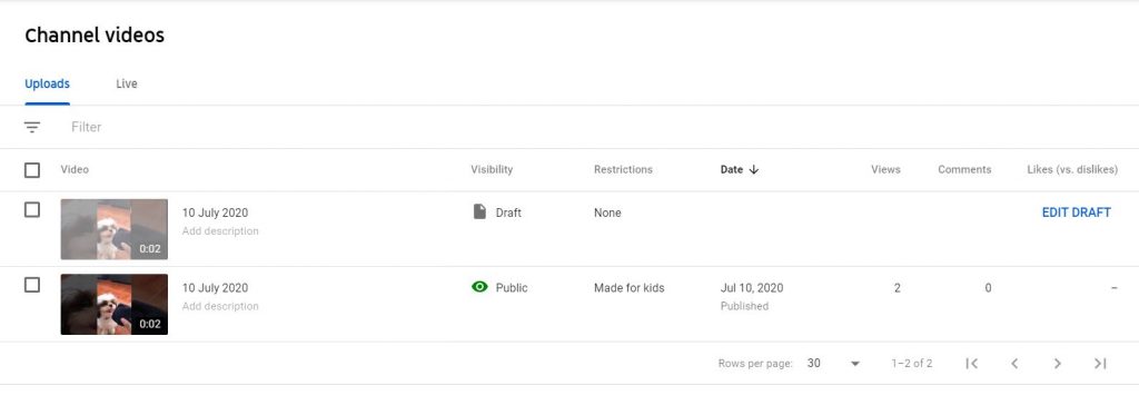 A screenshot of a draft video in YouTube Studio and a video which has already been published.