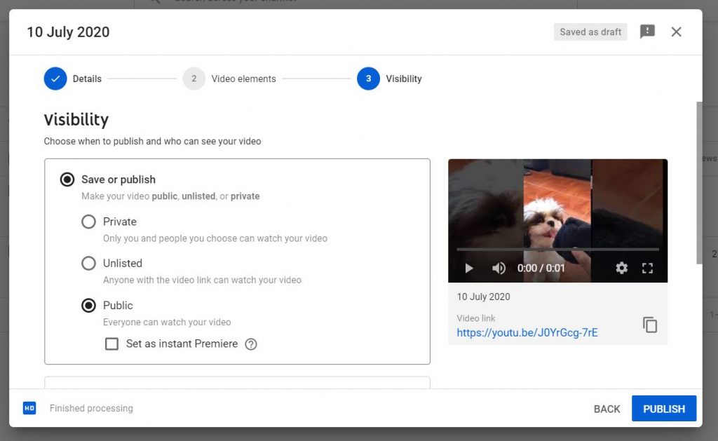 A screenshot of the Visibility setting at YouTube Studio.