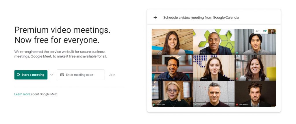 A screenshot of the Google Meet website for the "How to Use Google Meet on Your Computer, Phone, or Tablet" blog post in the TechToGraphy website. There is a collage of faces of different people on the right side of the photo.