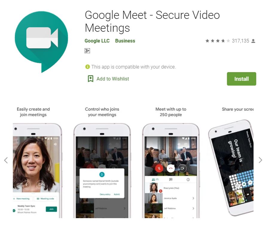 A screenshot of the Google Meet Google Play app for the "How to Use Google Meet on Your Computer, Phone, or Tablet" blog post in the TechToGraphy website.  It has the logo of Google Meet in the upper left corner.