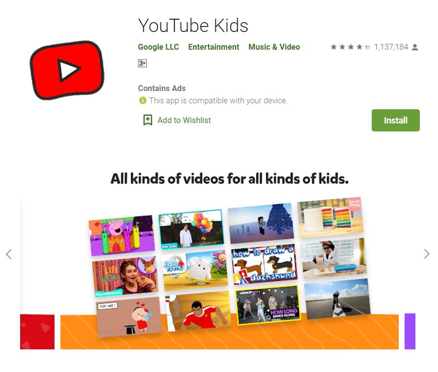 A screenshot from Google Play taken for the "How to YouTube: An Extensive Guide for Starters" blog post in TechToGraphy. The photo has the logo of YouTube Kids App.