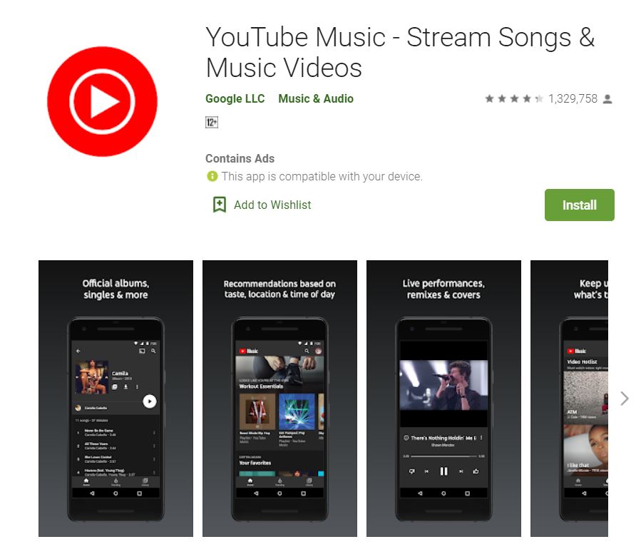 A screenshot from Google Play taken for the "How to YouTube: An Extensive Guide for Starters" blog post in TechToGraphy. The photo has the logo of YouTube Music App.