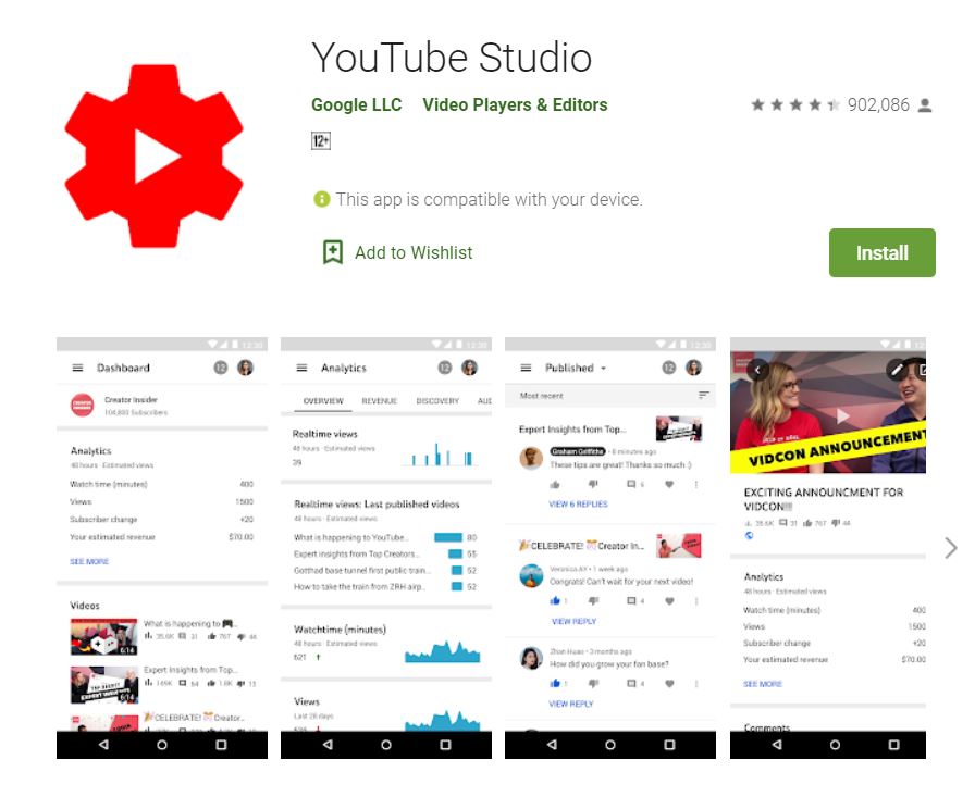 A screenshot from Google Play taken for the "How to YouTube: An Extensive Guide for Starters" blog post in TechToGraphy. The photo has the logo of YouTube Studio App.