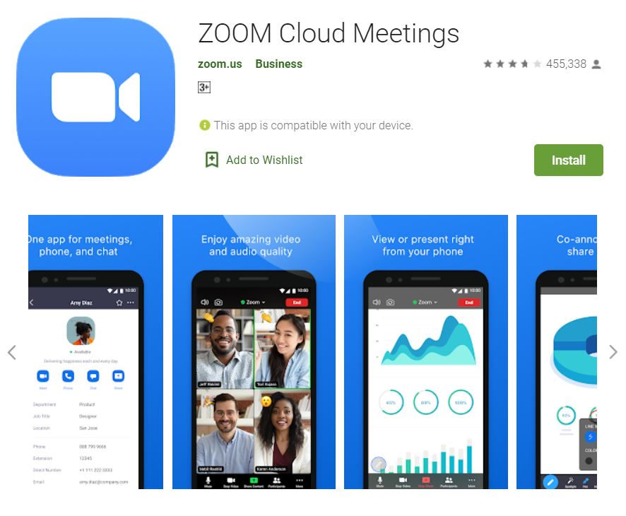 A screenshot of the ZOOM Cloud Meetings app from Google Play. It has the logo of zoom at the upper left corner of the screen and collage images of phones, displaying Zoom features below. This photo is for the "How to Use Zoom" blog of TechToGraphy.