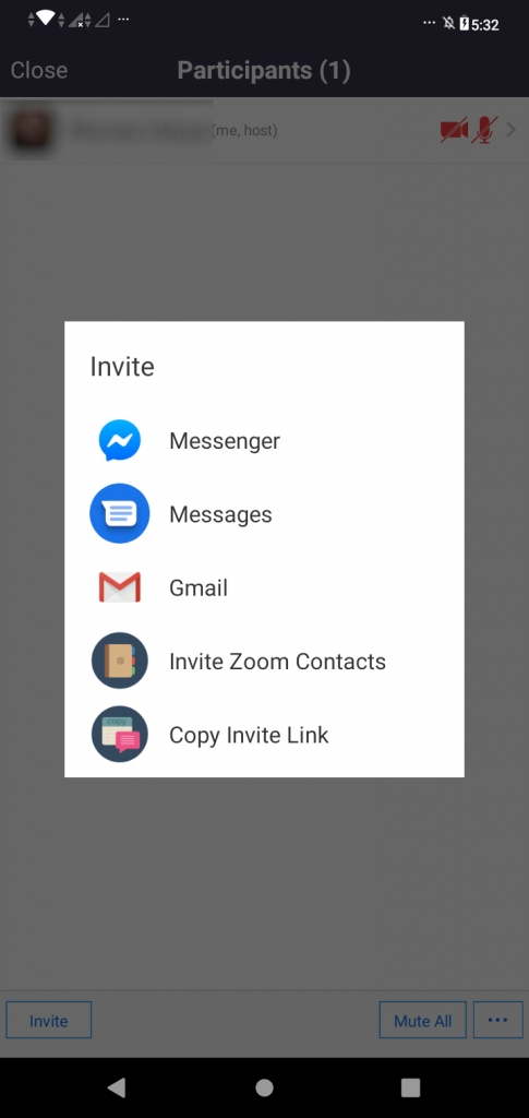 A screenshot from the Zoom Cloud Meetings app which contains icons such as Messenger, Messages, Gmail, Invite Zoom Contacts, and Copy Invite Link. This photo is for the "How to Use Zoom" blog of TechToGraphy.