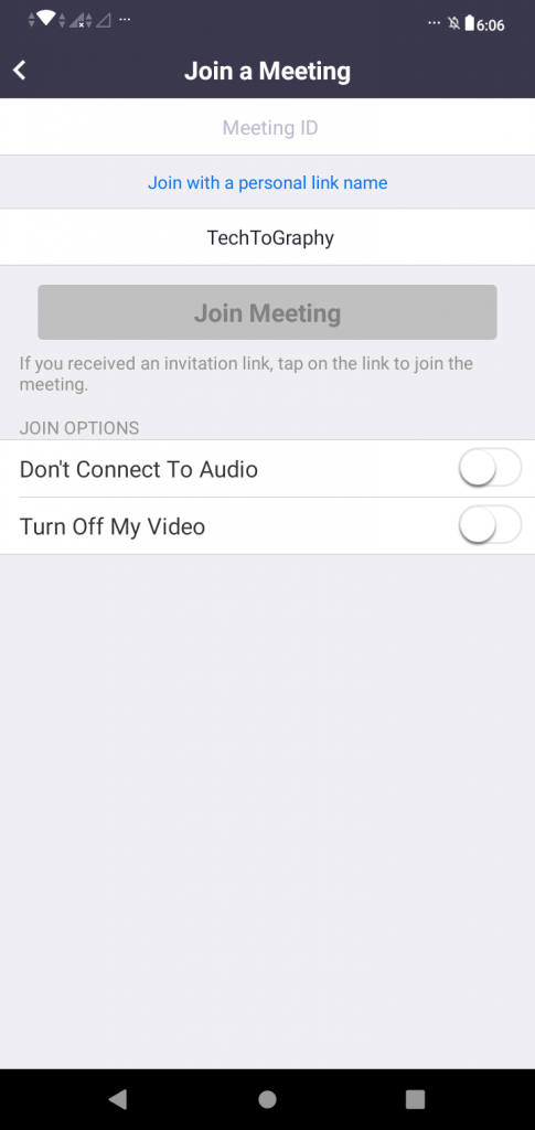 A screenshot of the "Join a Meeting" page from the Zoom Cloud Meetings app. The name "TechToGraphy" can be seen. This photo is for the "How to Use Zoom" blog of TechToGraphy.