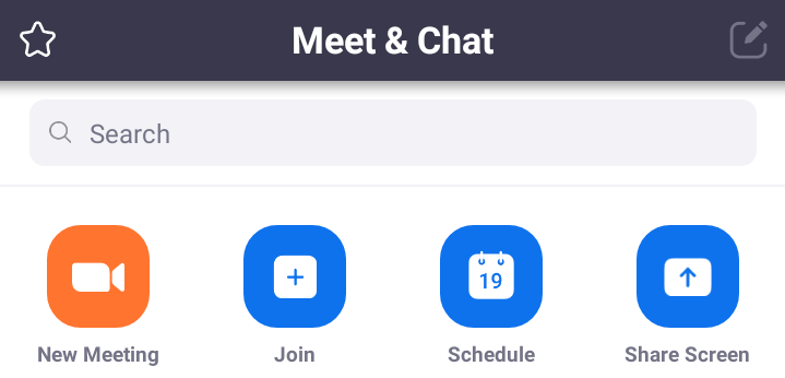 A screenshot of the "Meet & Chat" page from the Zoom Cloud Meetings app. It has the icons for the New Meeting, Join, Schedule, and Share Screen. This photo is for the "How to Use Zoom" blog of TechToGraphy.