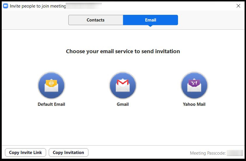 A screenshot from the Zoom Cloud Meetings app on computer which contains icons fro Default Email, Gmail, and Yahoo Mail. The icons for the Copy Invinte Link and Copy Invitation are also in the  picture. This photo is for the "How to Use Zoom" blog of TechToGraphy.