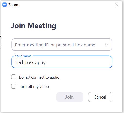 A screenshot of the "Join a Meeting" page from the Zoom Cloud Meetings app on computer. This photo is for the "How to Use Zoom" blog of TechToGraphy.