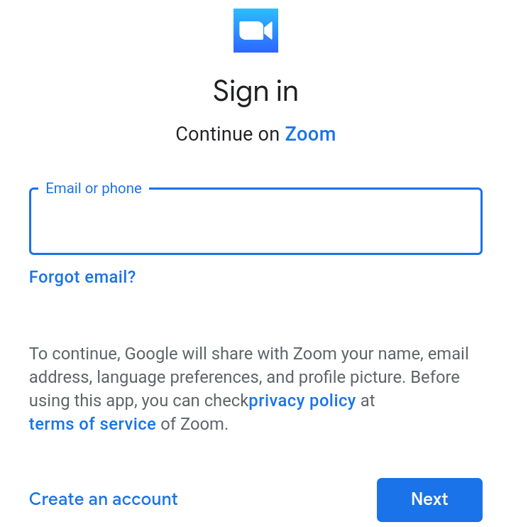 A screenshot of the Google account "Sign In" page from the Zoom Clod Meetings app. This photo is for the "How to Use Zoom" blog of TechToGraphy.