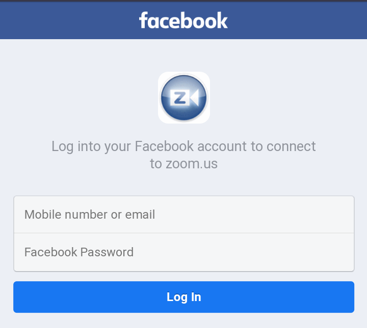 A screenshot of the Facebook "Sign In" page from the Zoom Cloud Meetings app. This photo is for the "How to Use Zoom" blog of TechToGraphy.