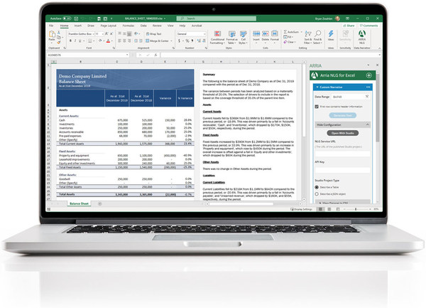 Arria NLG introduces Microsoft Excel add-in bringing dynamic, on demand natural language summaries and report automation to spreadsheets