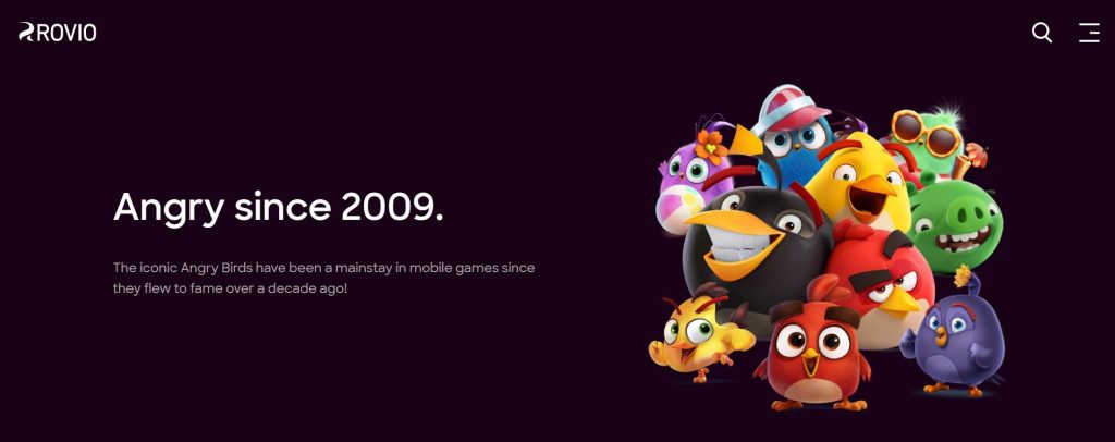 A screenshot from the Rovio website featuring the phrase "Angry since 2009." Several Angry Birds characters are also in this picture.