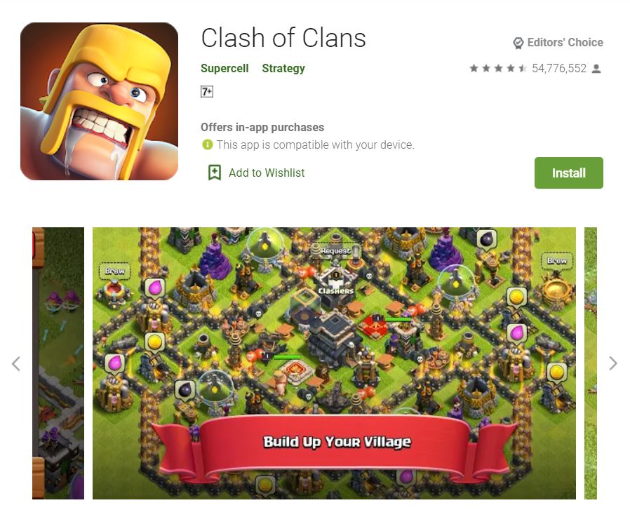 This screenshot features the mobile game Clash of Clans, one of the Editors Choice Games in Google Play.