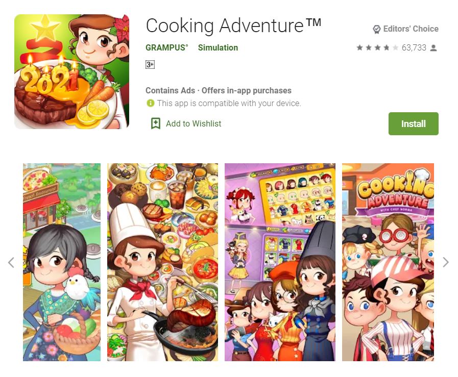 This screenshot features the mobile game Cooking Adventure, one of the Editors Choice Games in Google Play.