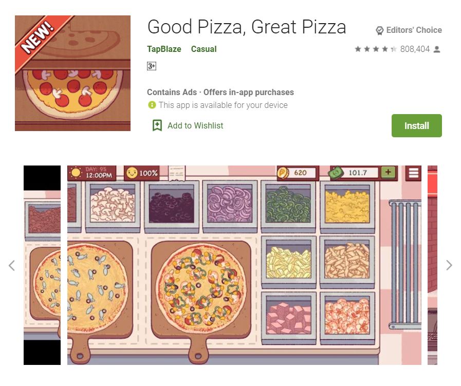 This screenshot features the mobile game Good Pizza, Great Pizza, one of the Editors Choice Games in Google Play.