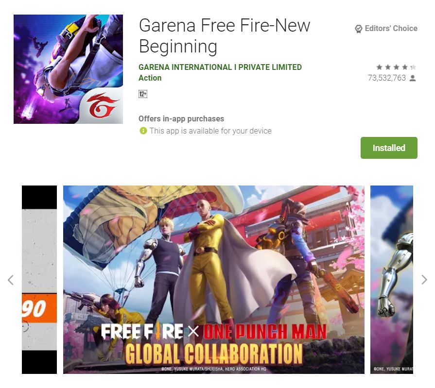 This screenshot features the mobile game Garena Free Fire-New Beginning, one of the Editors Choice Games in Google Play.