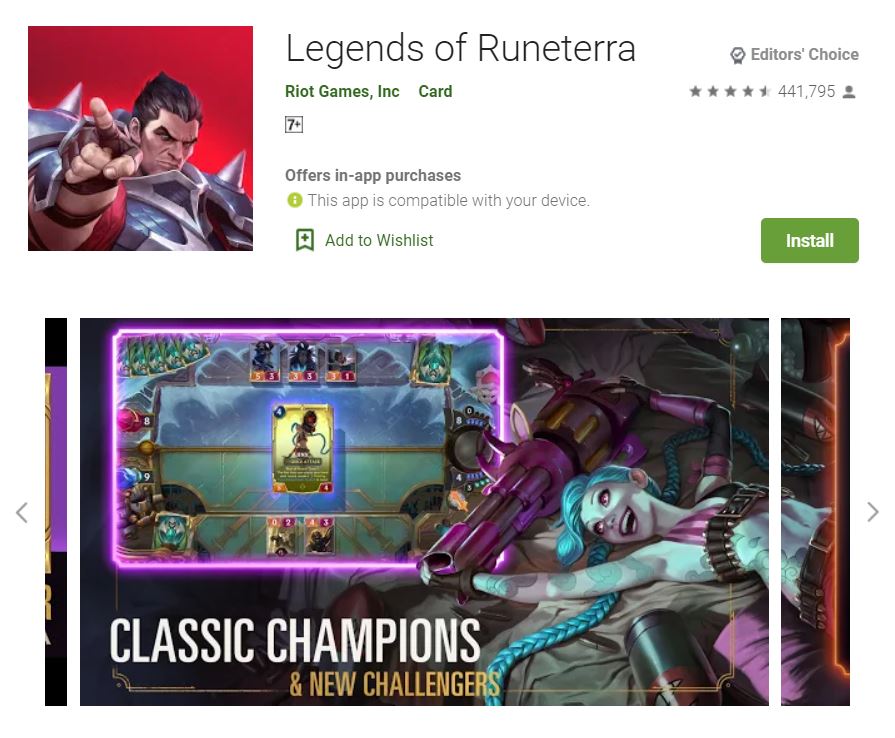 This screenshot featured the mobile game Legends of Runeterra, one of the Editors Choice Games in Google Play.