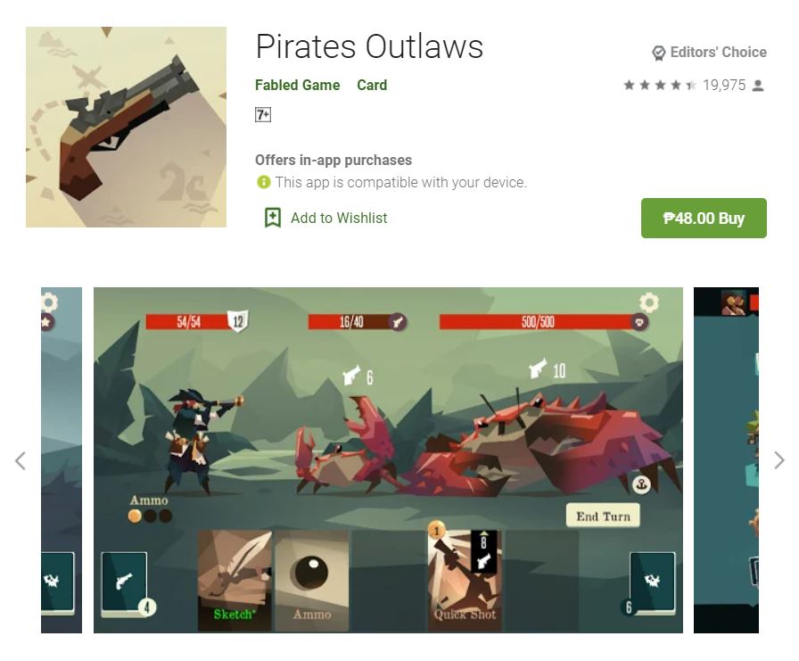 This screenshot features the mobile game Pirates Outlaws, one of the Editors Choice Games in Google Play.
