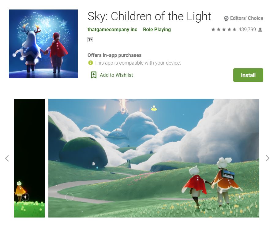 This screenshot features the mobile game Sky: Children of the Light, one of the Editors Choice Games in Google Play.