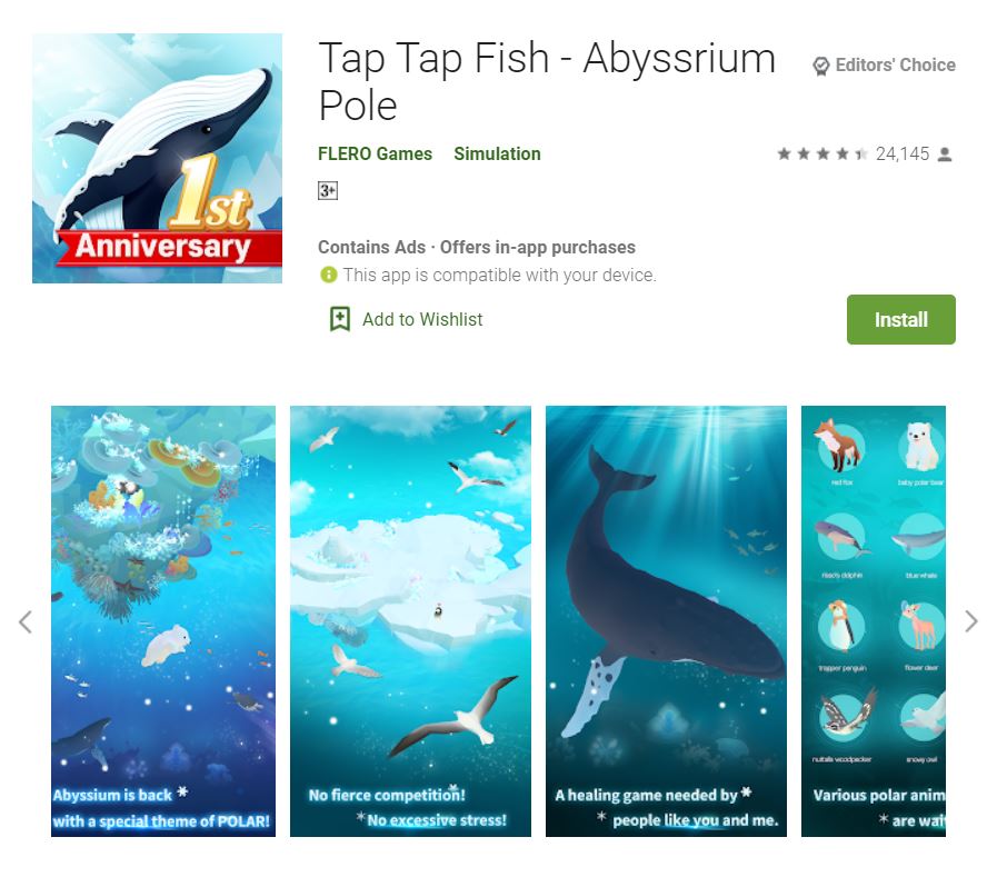 This screenshot featured the mobile game Tap Tap Fish - Abyssrium Pole, one of the Editors Choice Games in Google Play.