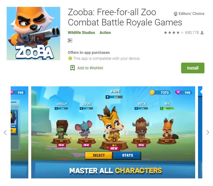 This screenshot featured the mobile game Zooba: Free-for-all Zoo Combat Battle Royale Games, one of the Editors Choice Games in Google Play.