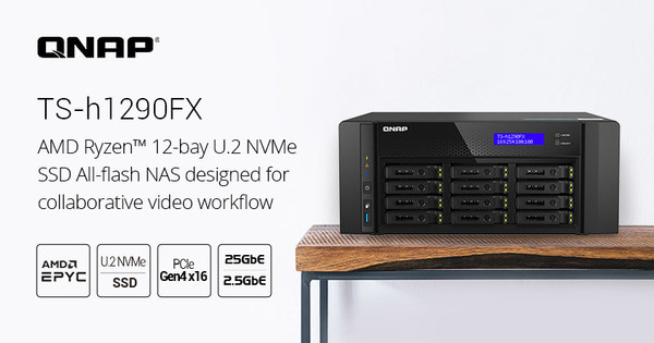 QNAP launches the TS-h1290FX, the first tower U.2 NVMe/SATA All-Flash NAS, powered by AMD EPYC™, fulfilling 25GbE collaborative workflow environments
